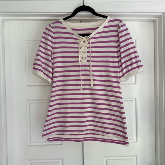 Talbots Lace Up Crewneck Tee Pink Stripe, Small - Picture 1 of 7